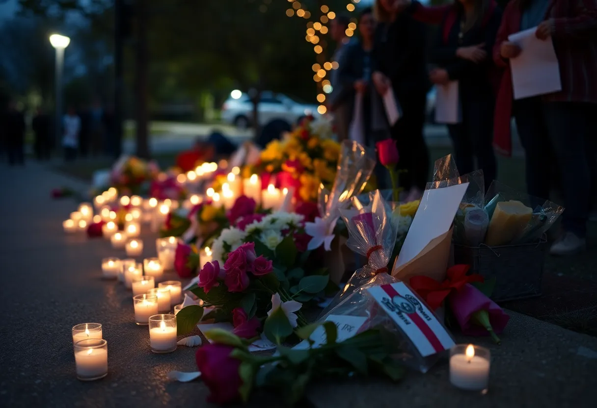 Candles and flowers at a memorial site honoring a young victim of a DUI accident.