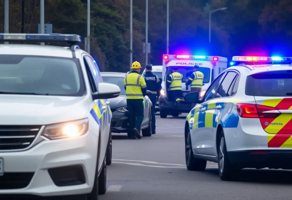 Scene of a police training exercise with emergency vehicles