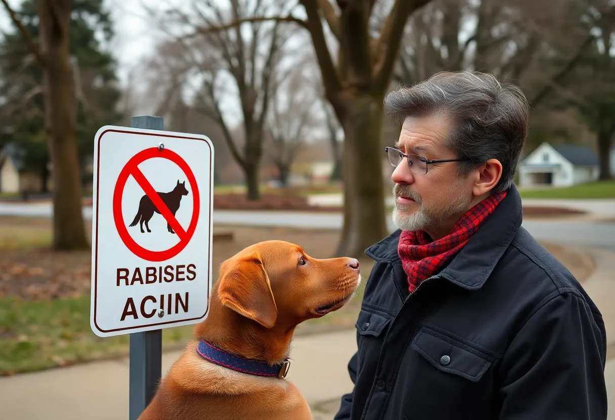 A pet owner reads a rabies vaccination sign outdoors.