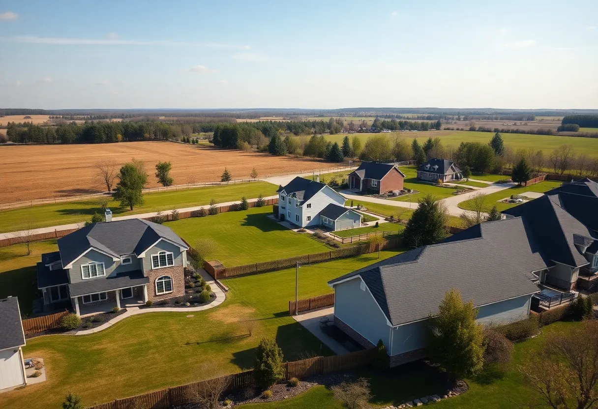Suburban homes with spacious yards in a rural area
