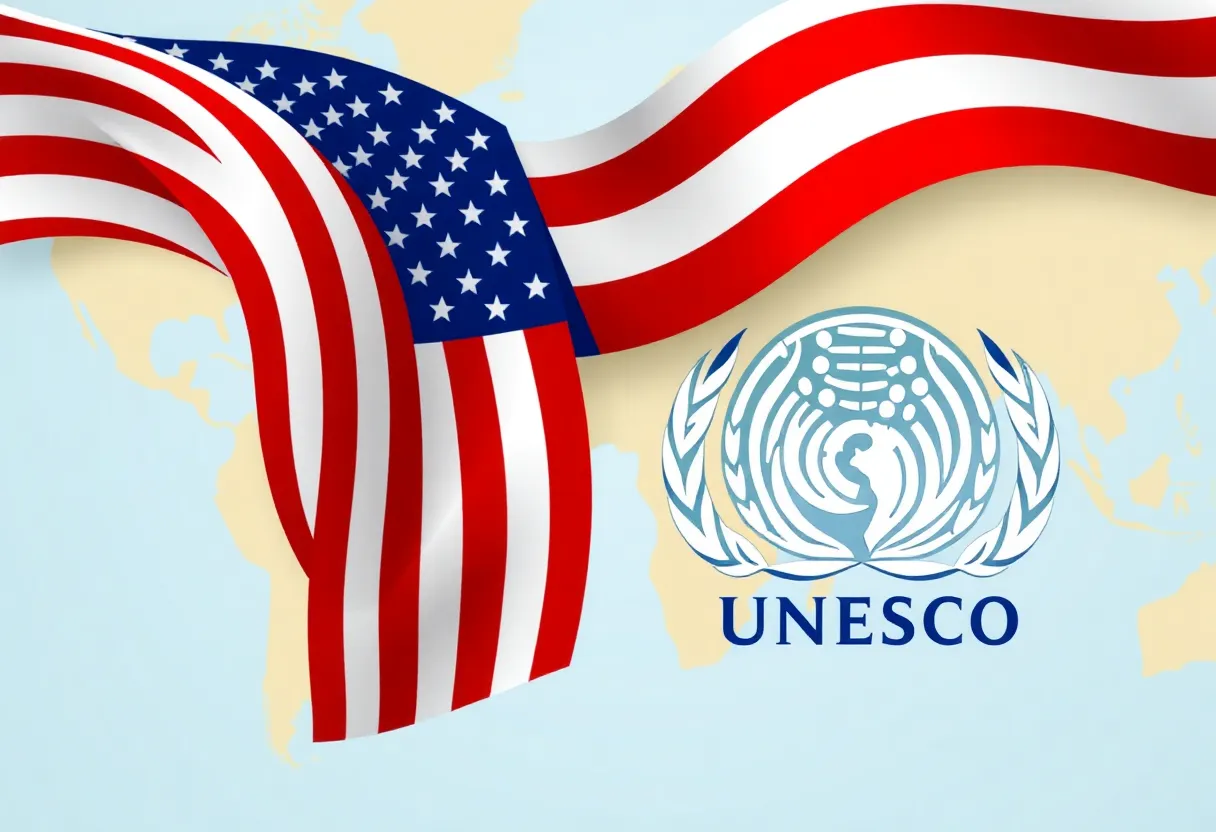 Illustration of the U.S. flag alongside the UNESCO logo