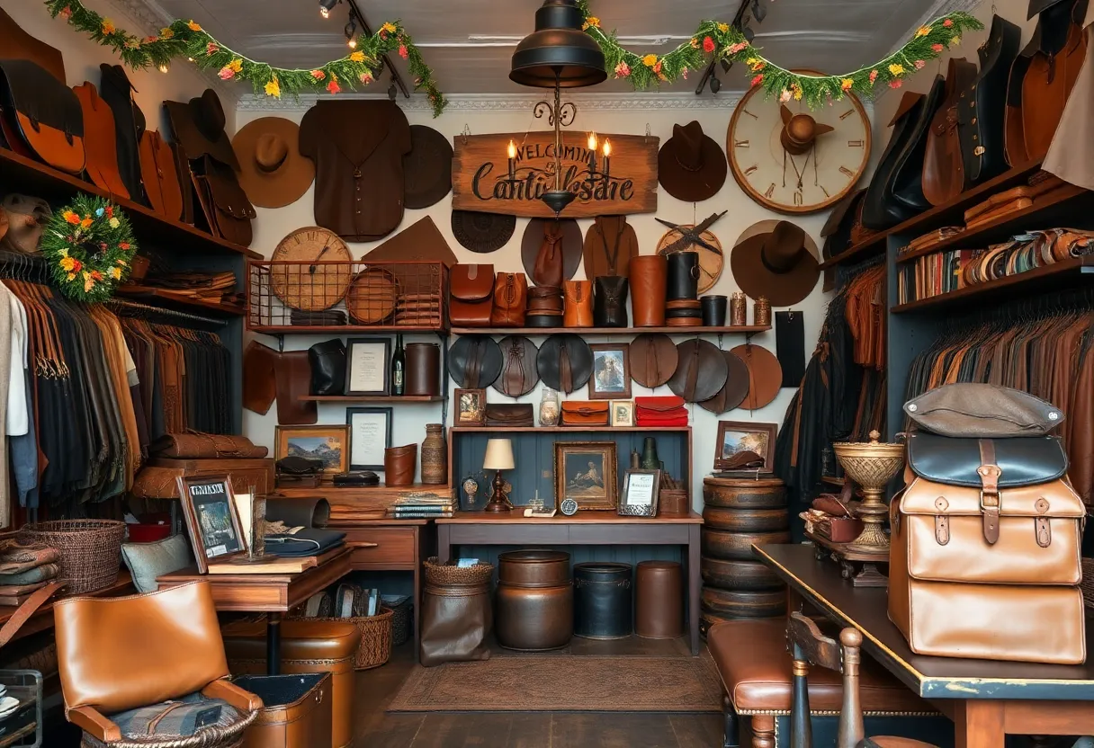 Ayers Leather Shop decorated for its 75th anniversary with leather products displayed.