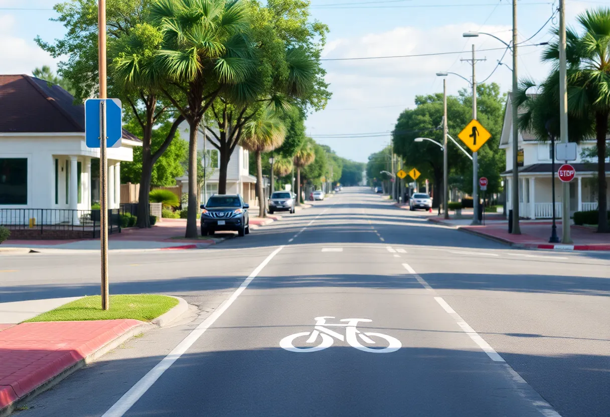 Bicycle lane in Fair Play, South Carolina with safety signs.