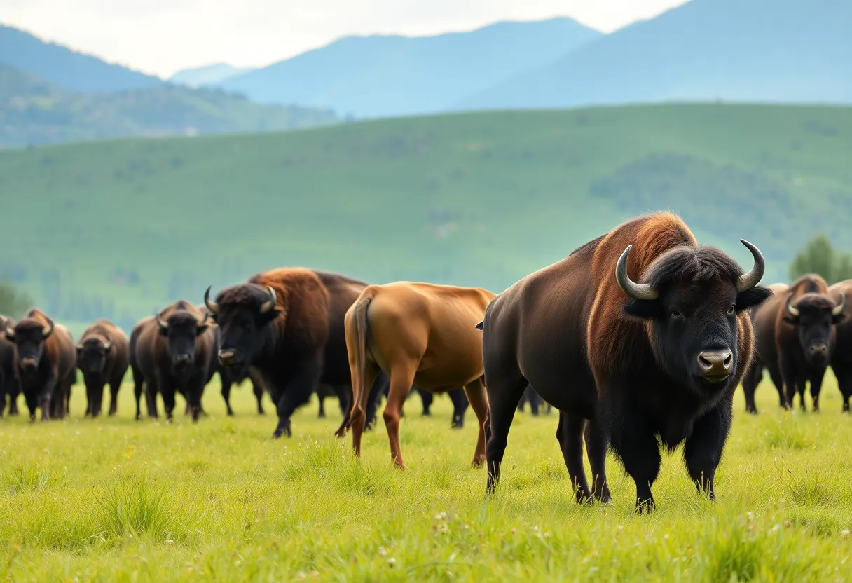 A herd of bison grazing at Big Balls Ranch in Greenville County, South Carolina.