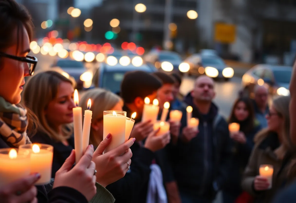 Community members holding candles in a vigil for Cesar Humberto Pena