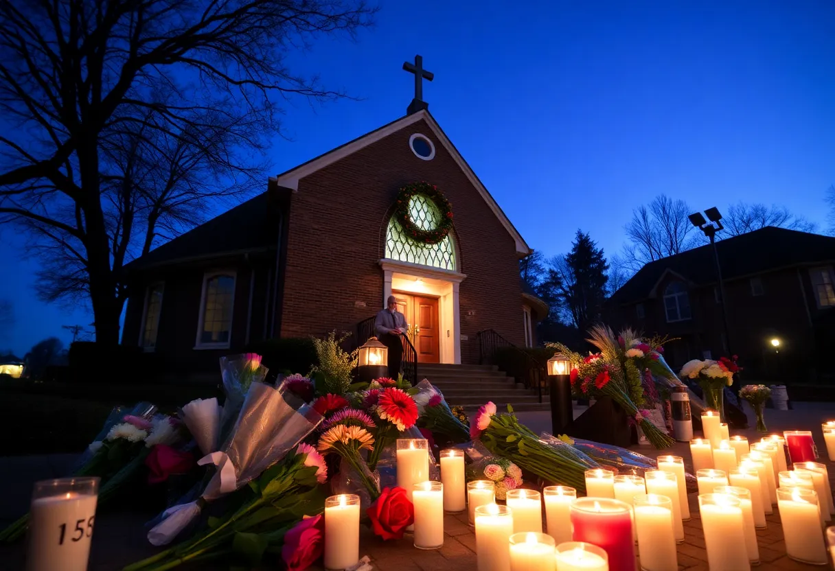 Vigil outside Annunciation Catholic Church with candles and flowers