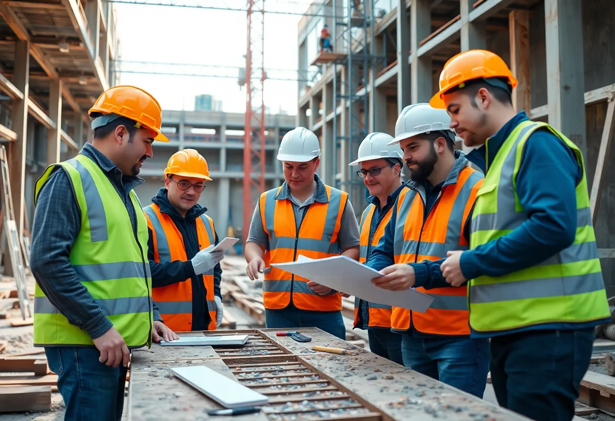 A diverse group of construction professionals collaborating effectively on site with safety gear.