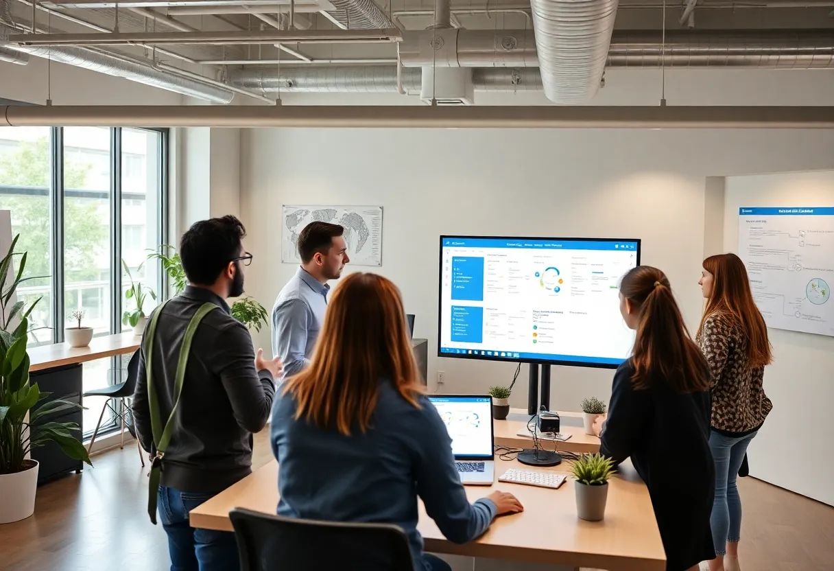 Team members collaborating on customer journey mapping in a modern office.