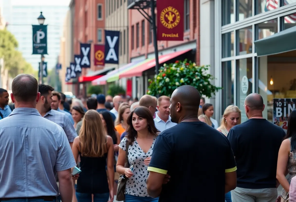 A crowded downtown Greenville street with an uneasy atmosphere.