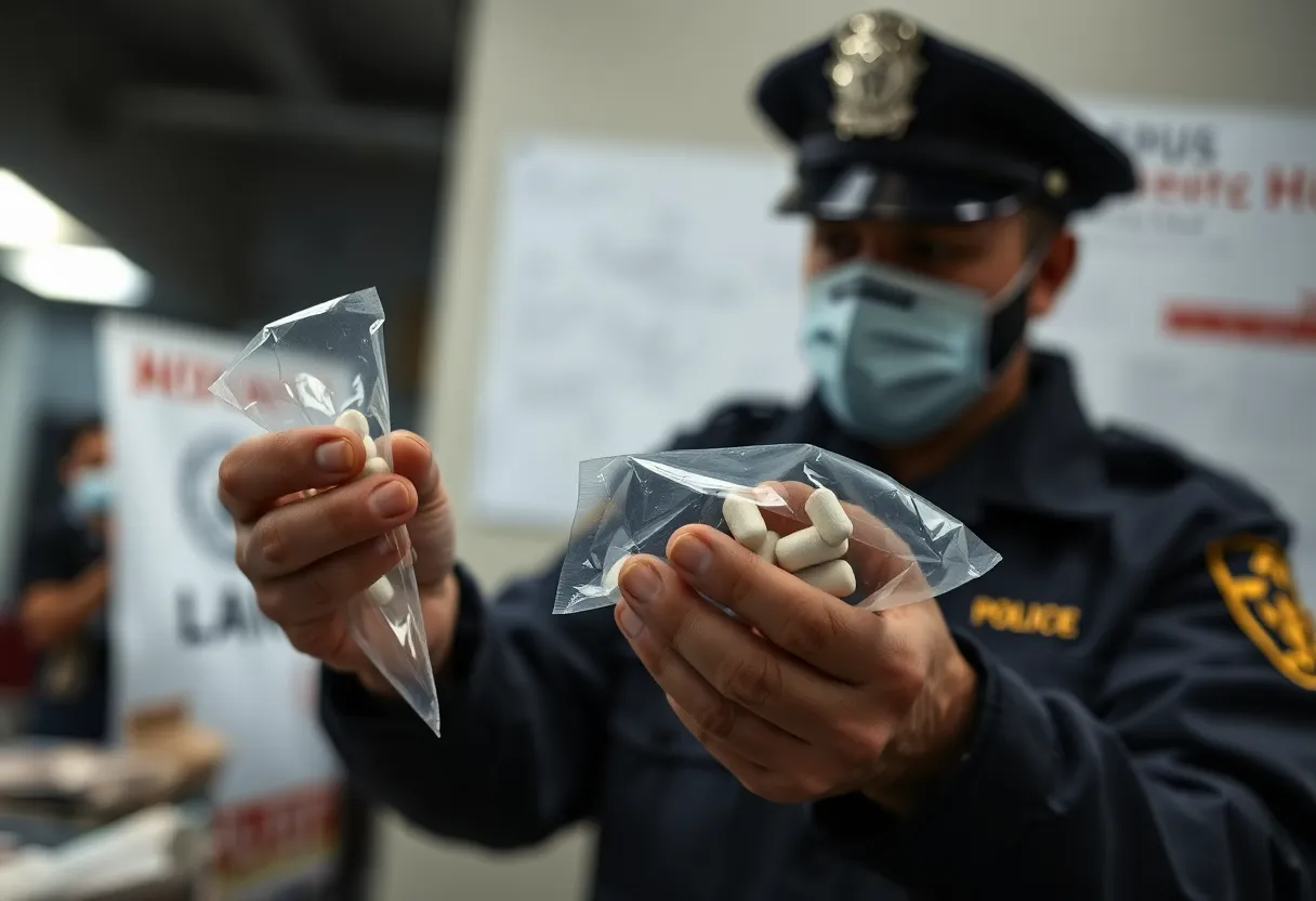 Law enforcement examining drug evidence related to fentanyl distribution