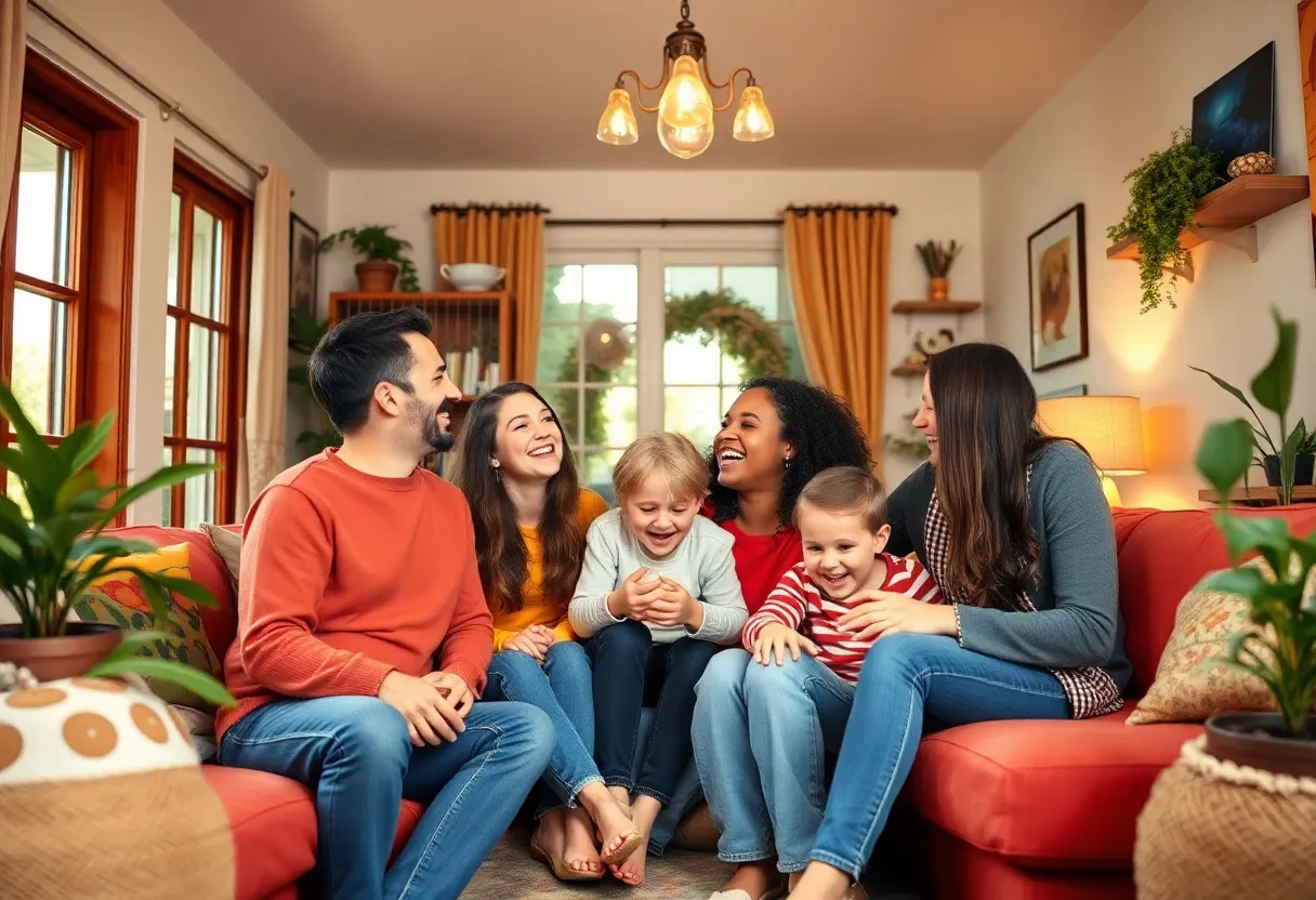 A family gathering in a cozy home, symbolizing warmth and love.