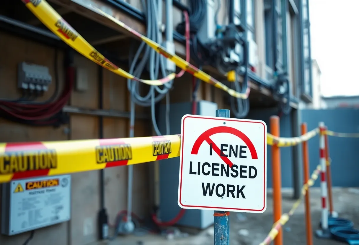 Construction site with safety regulations and unlicensed work concerns.