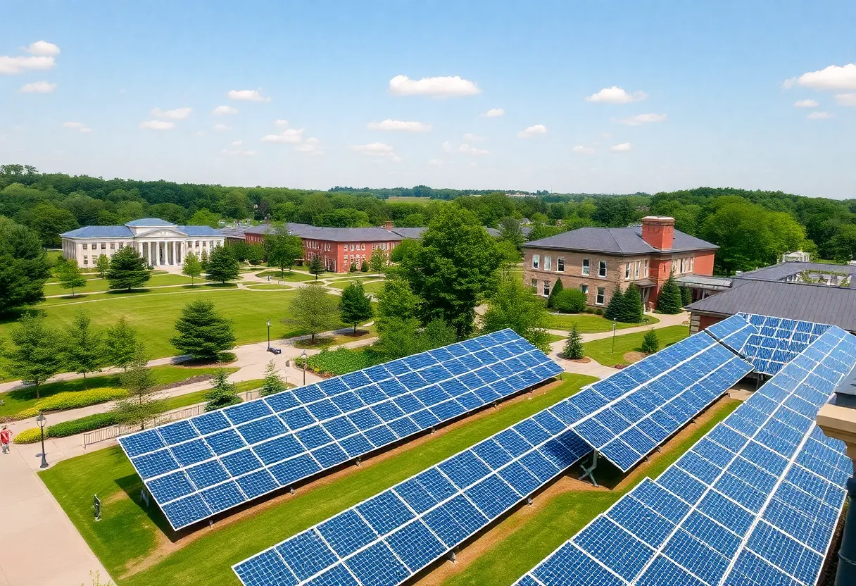 Furman University campus featuring solar panels and green spaces
