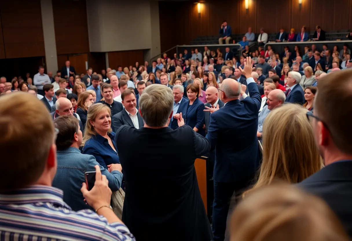 A town hall meeting with a large audience engaged in a political discussion.