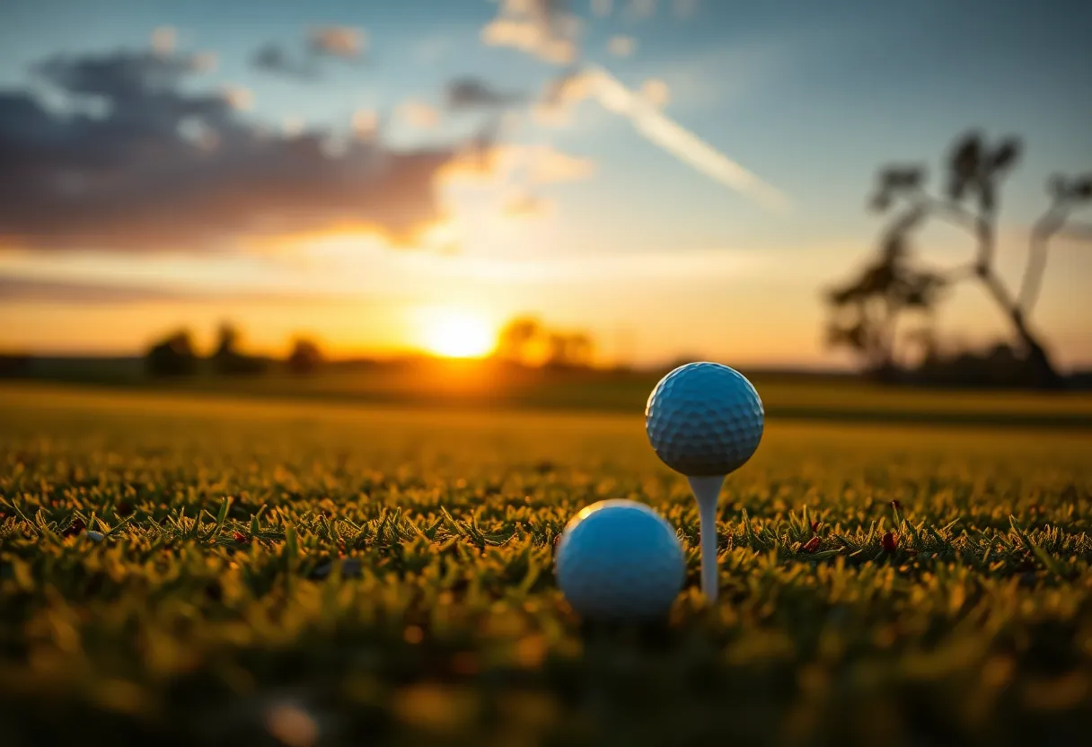 Golf course at sunset with a tee and ball