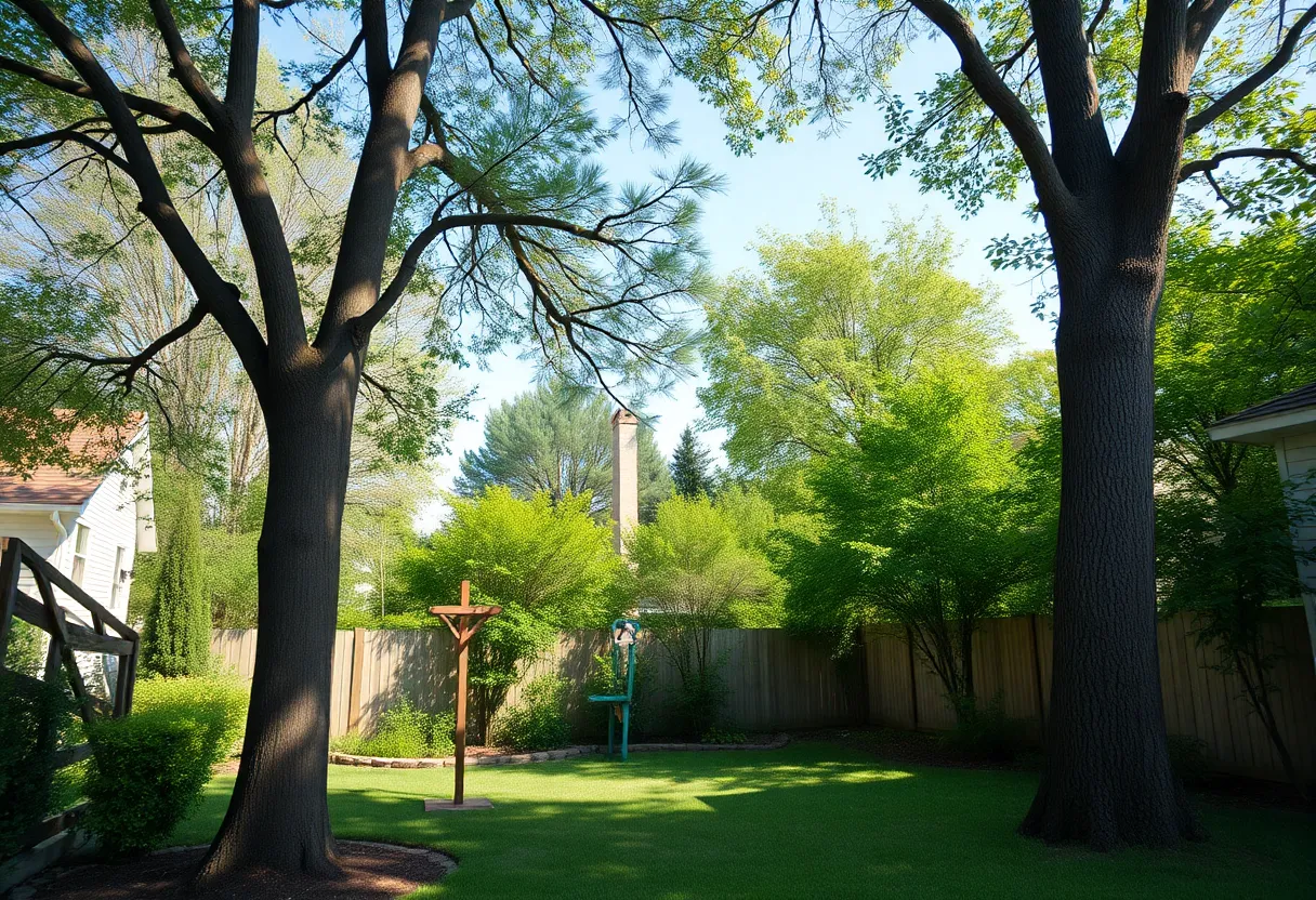 Neighborhood backyard with trees posing risk for children