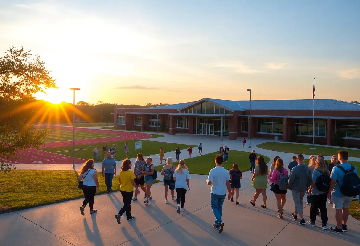 Students arriving at a Greenville County high school at sunrise