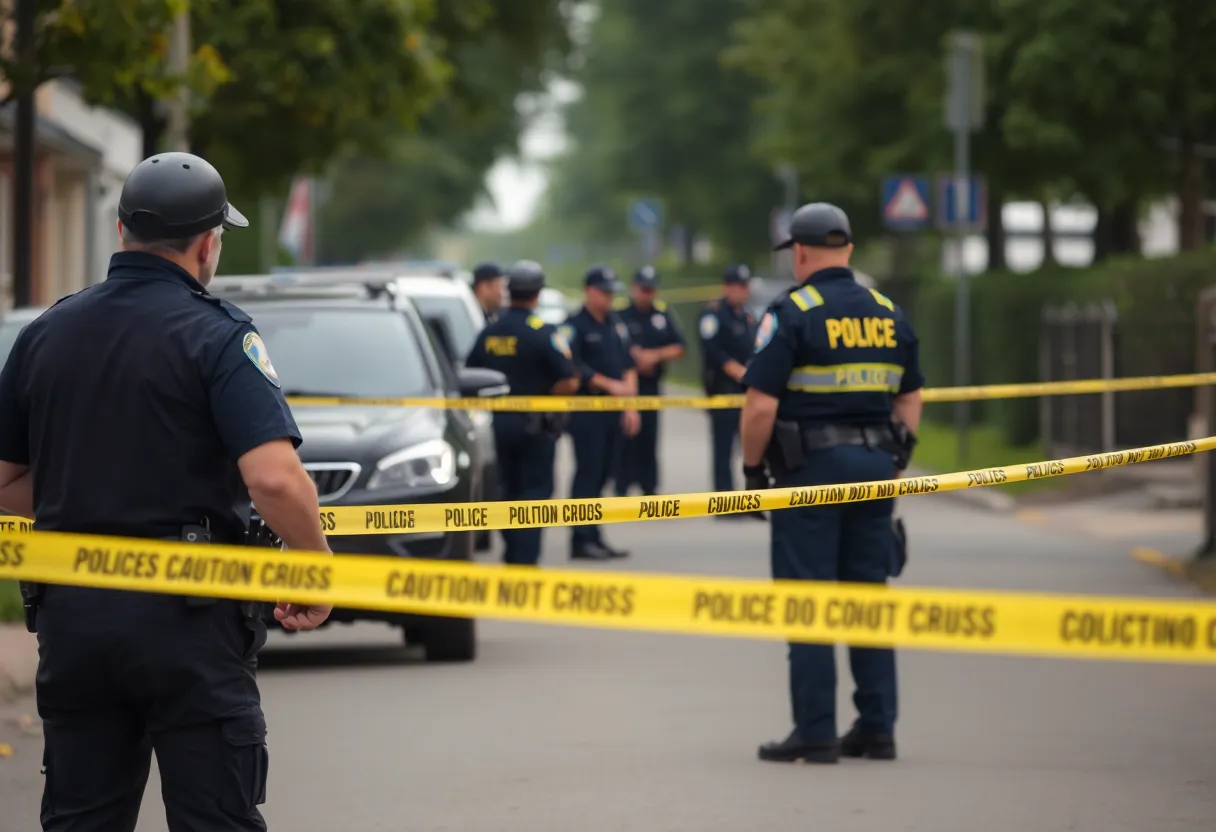 Police officers at a crime scene with caution tape