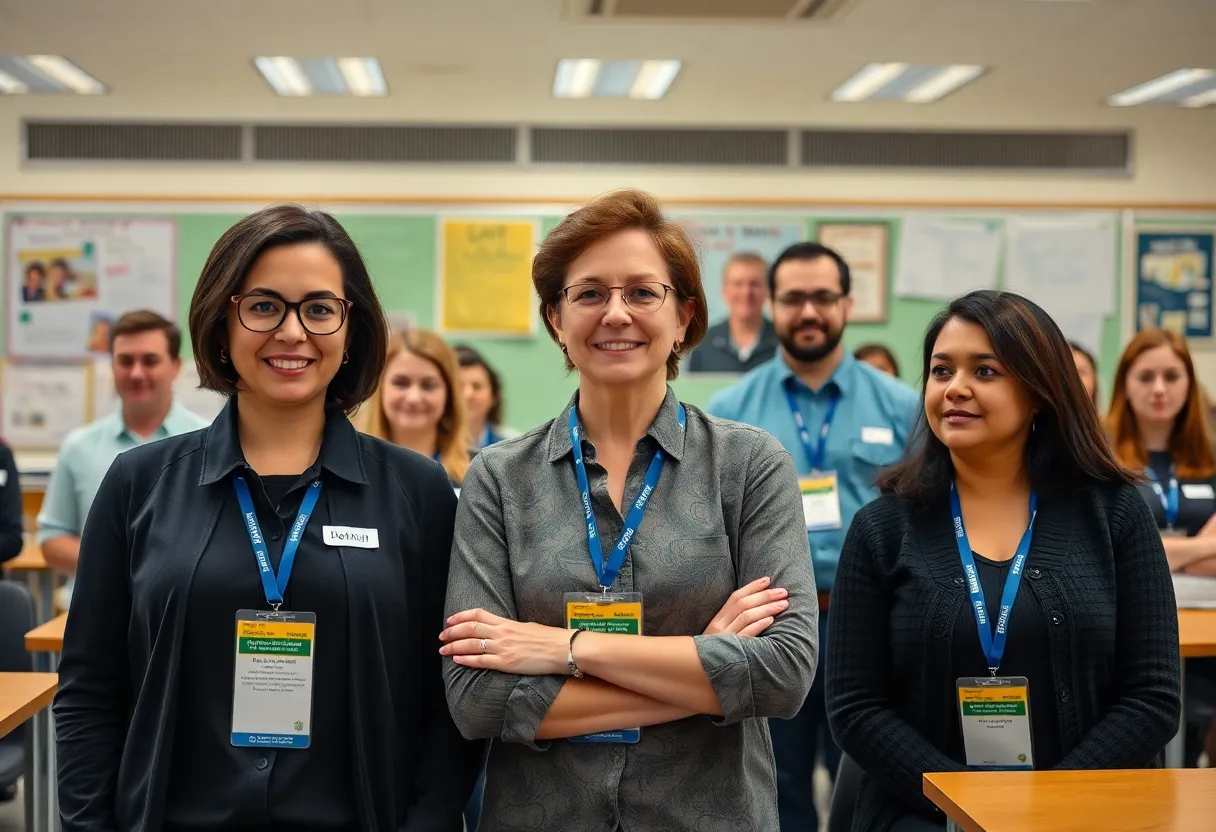 Teachers wearing Raptor badges in a classroom