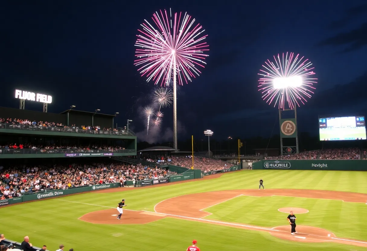 Greenville Drive players celebrating a game victory at Fluor Field.