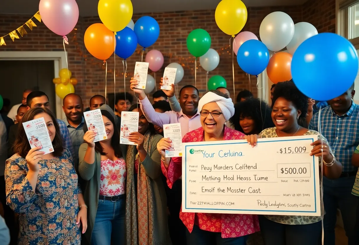 Community members celebrating a lottery win in Greenville, SC