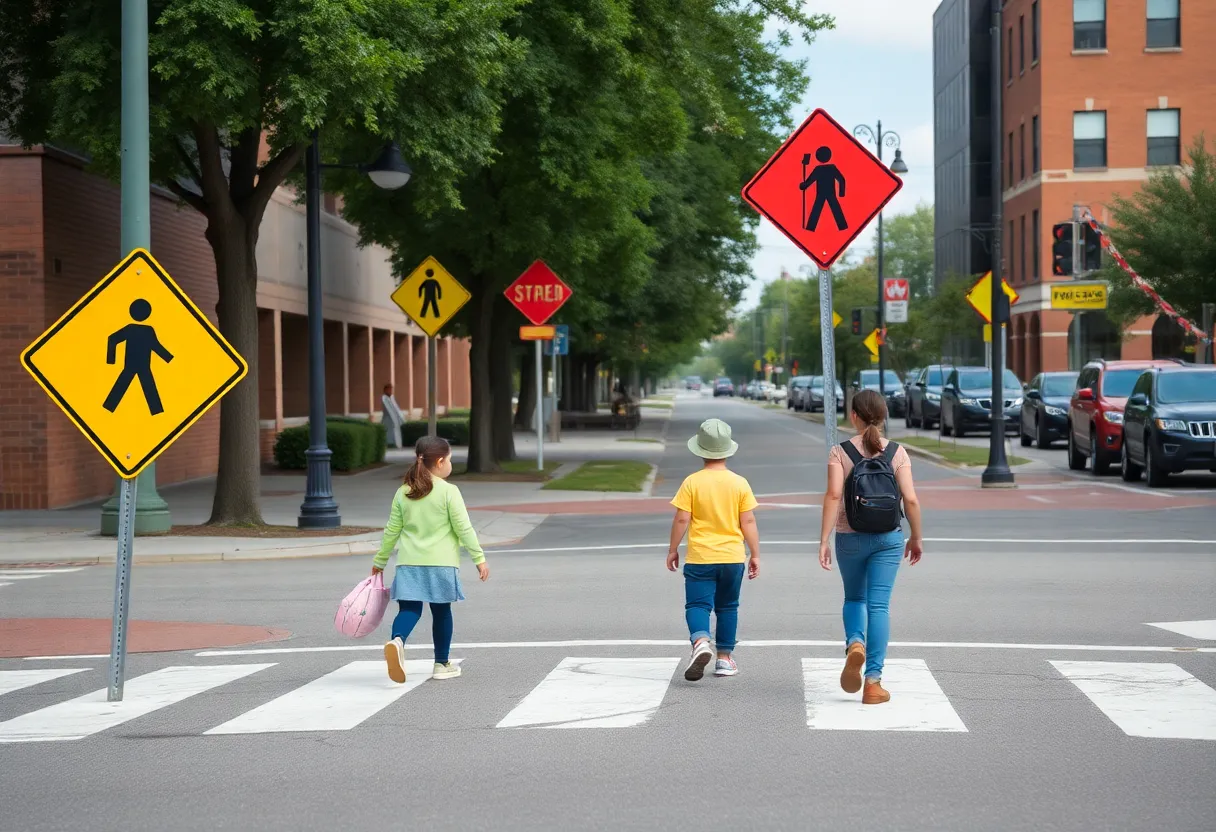 Pedestrians using high-visibility crosswalks in Greenville, S.C.