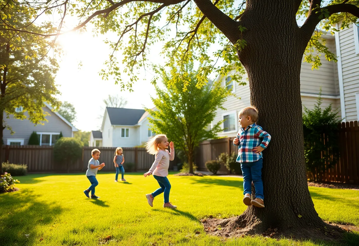Children playing in a safe neighborhood yard