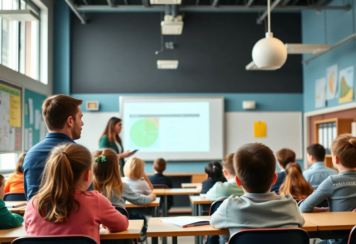 A classroom with diverse students learning and interacting with a guest speaker.