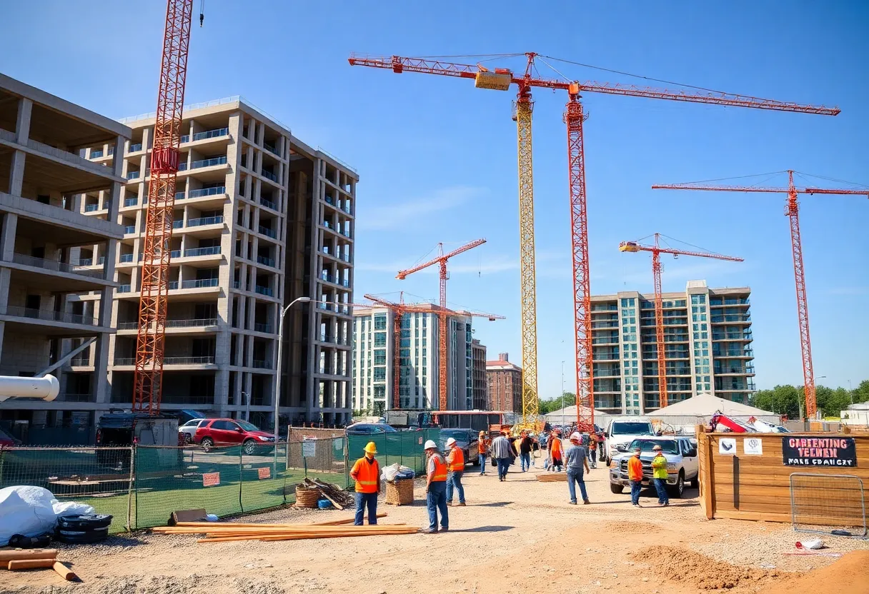 Construction site in Greenville, South Carolina with active workers and machinery.
