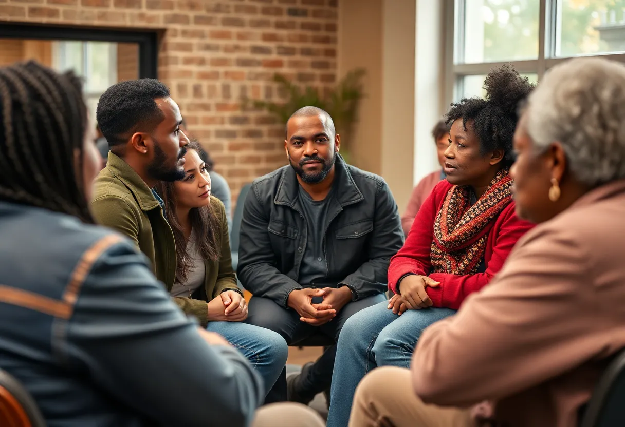 Community members discussing homelessness at a meeting