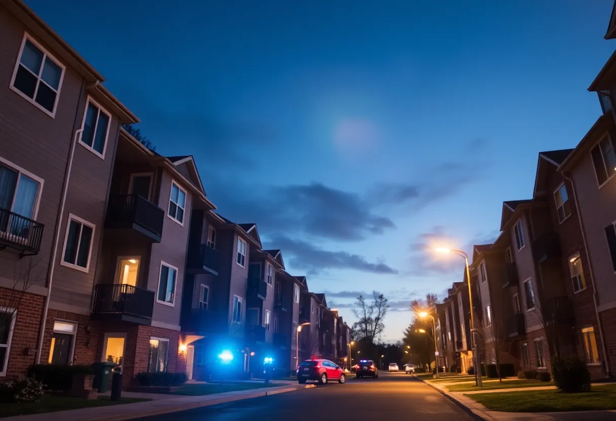 Police lights flashing at an apartment complex