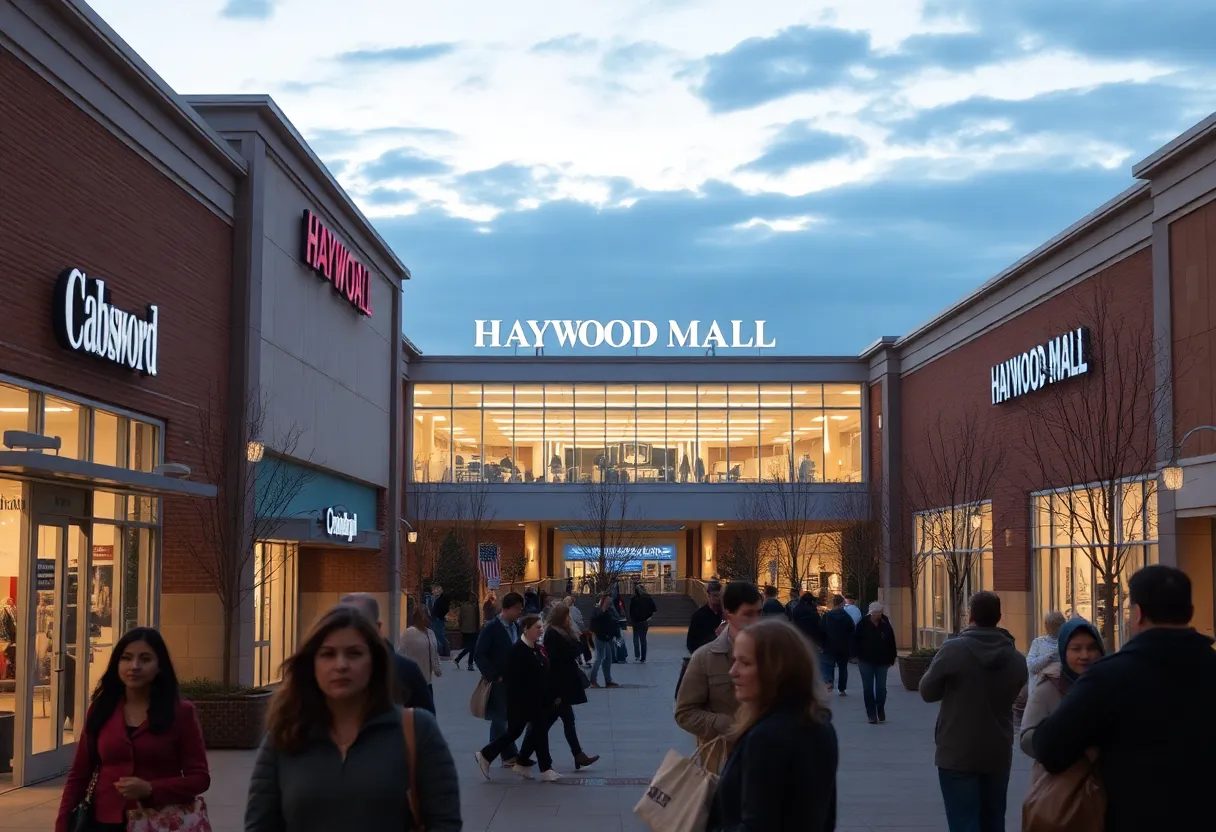 Evening view of Haywood Mall with shoppers looking concerned.