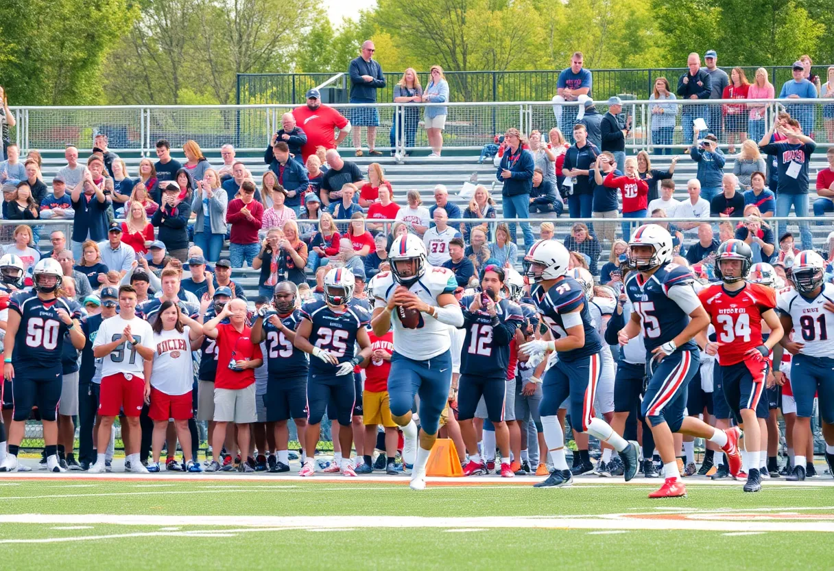 High school football game with players in action and fans cheering.