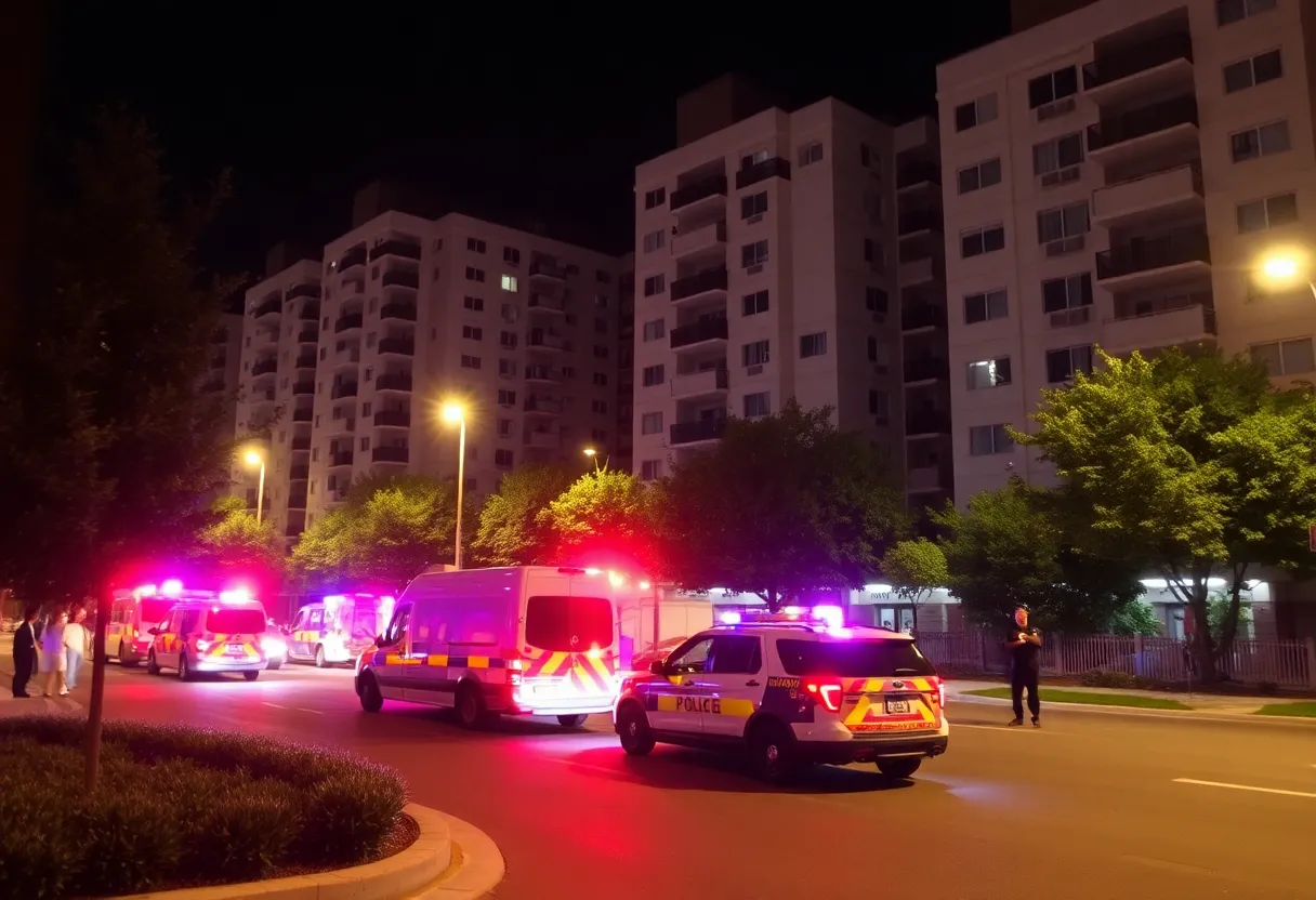 Police vehicles at night outside Highland Square Apartments