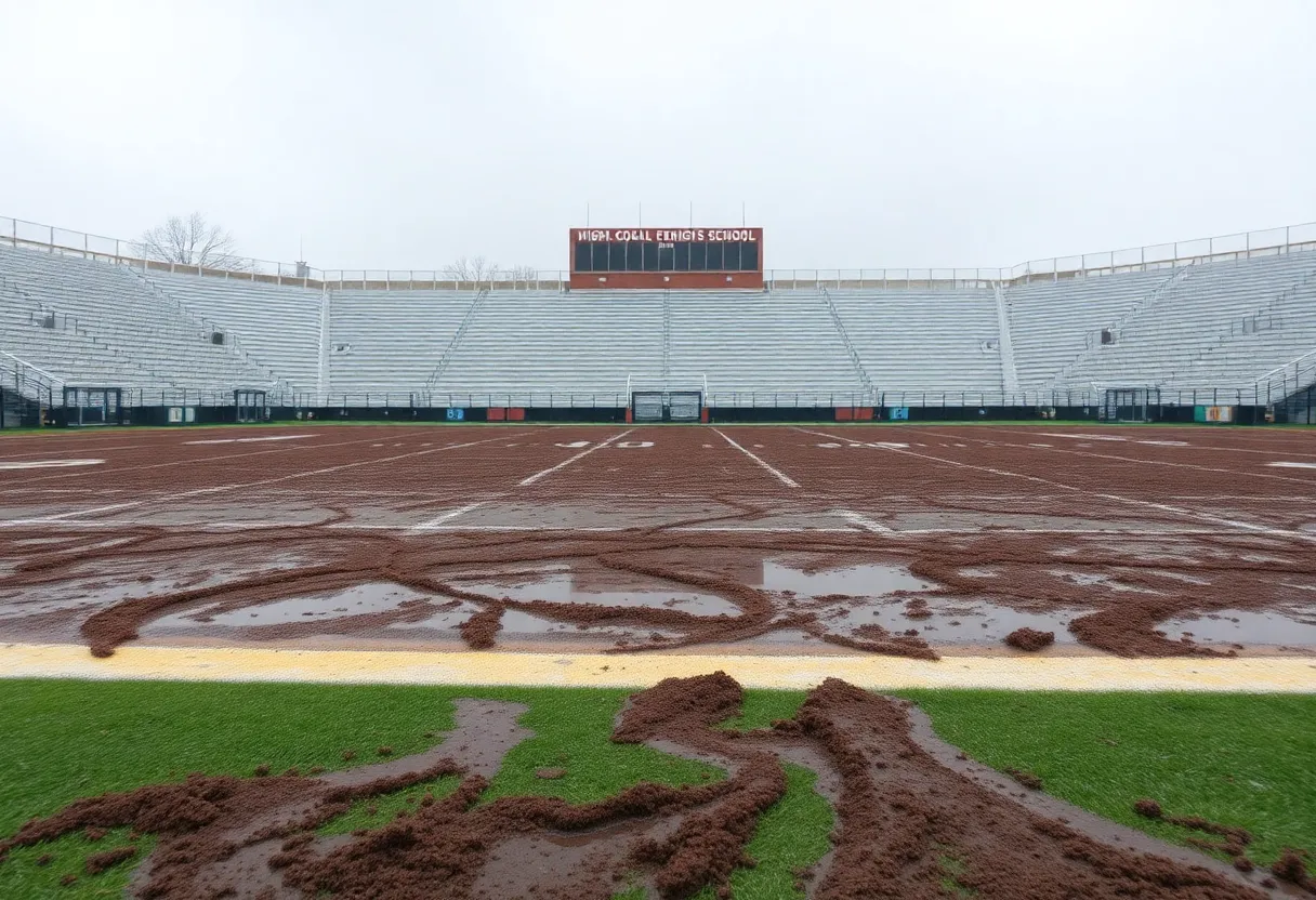 Flooded football field at J.L. Mann High School caused by heavy rain