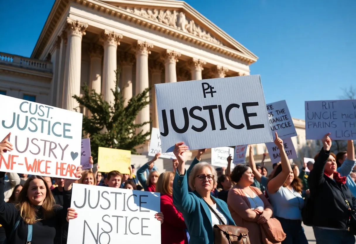 Group advocating for justice outside a government building