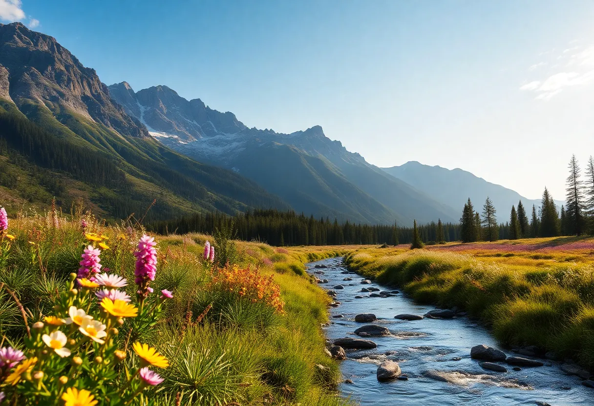 Scenic view of mountains with flowers in Sapphire