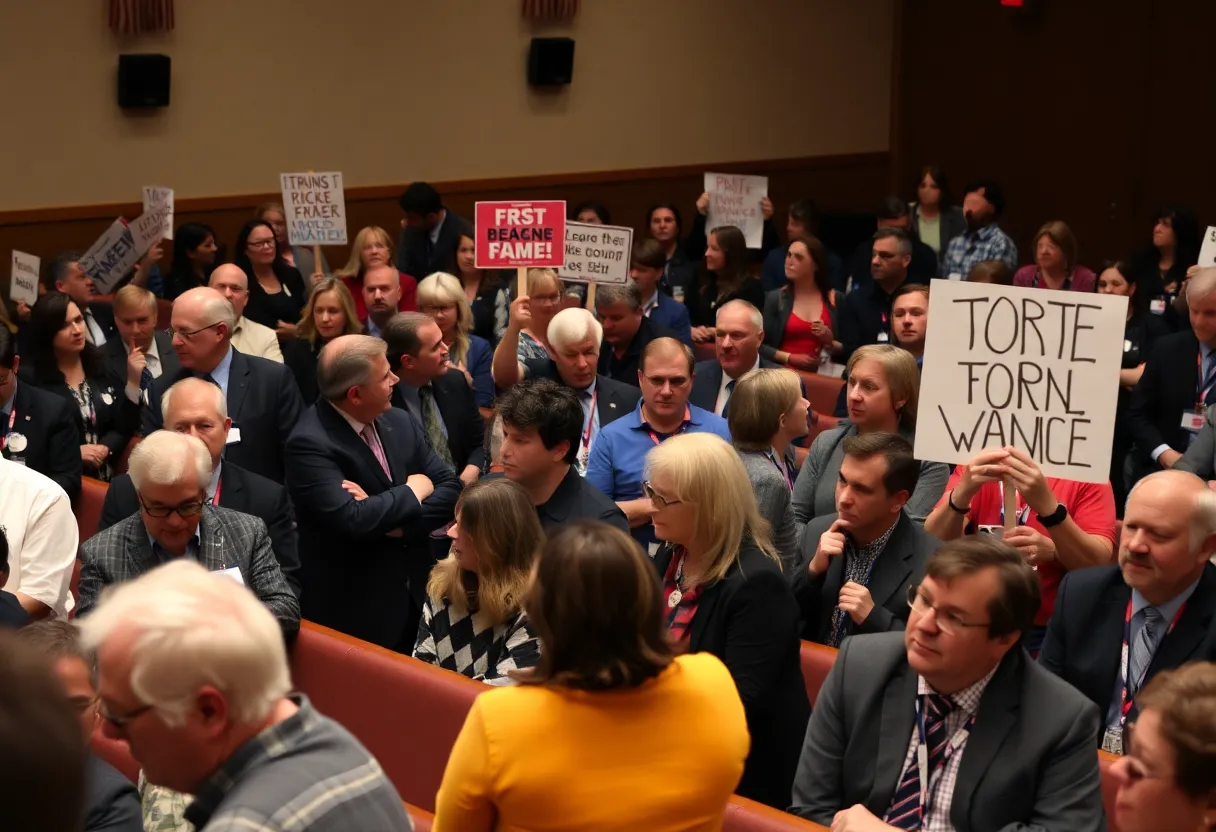 Town hall meeting environment with attendees engaged in discussion and protest.