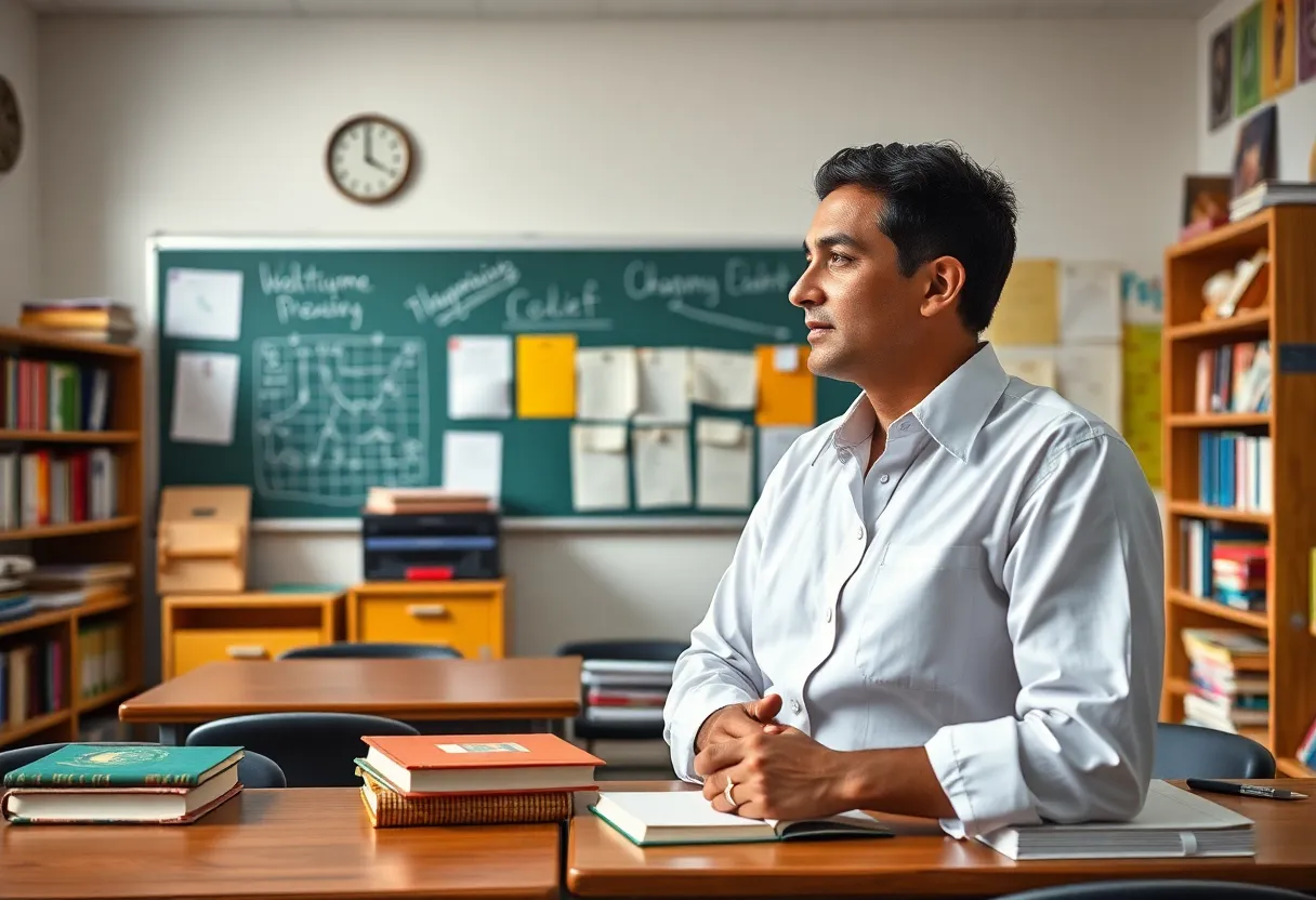 A tranquil classroom filled with books representing the legacy of an educator.
