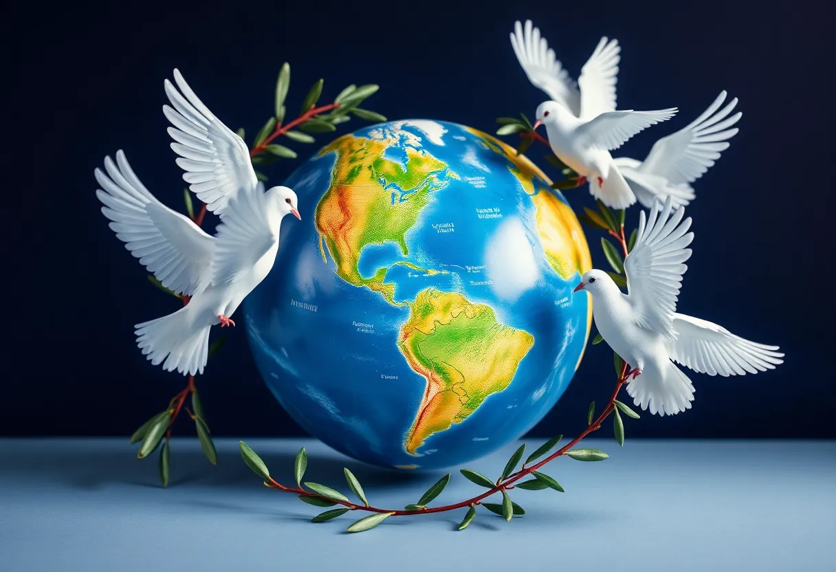 Symbol of peace represented with a globe and olive branches