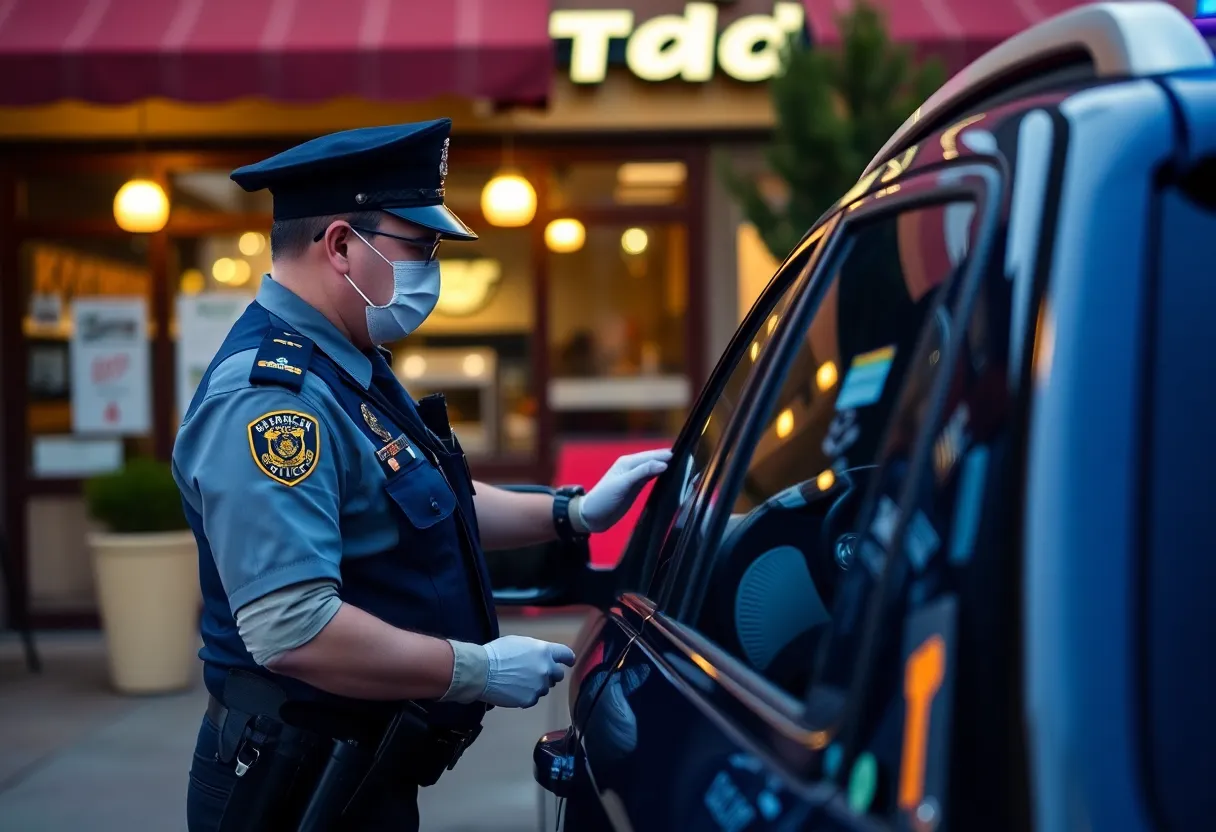 Police inspecting a car outside a restaurant