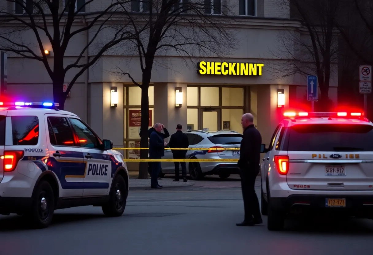 Police vehicles and investigators at the scene of a bank incident