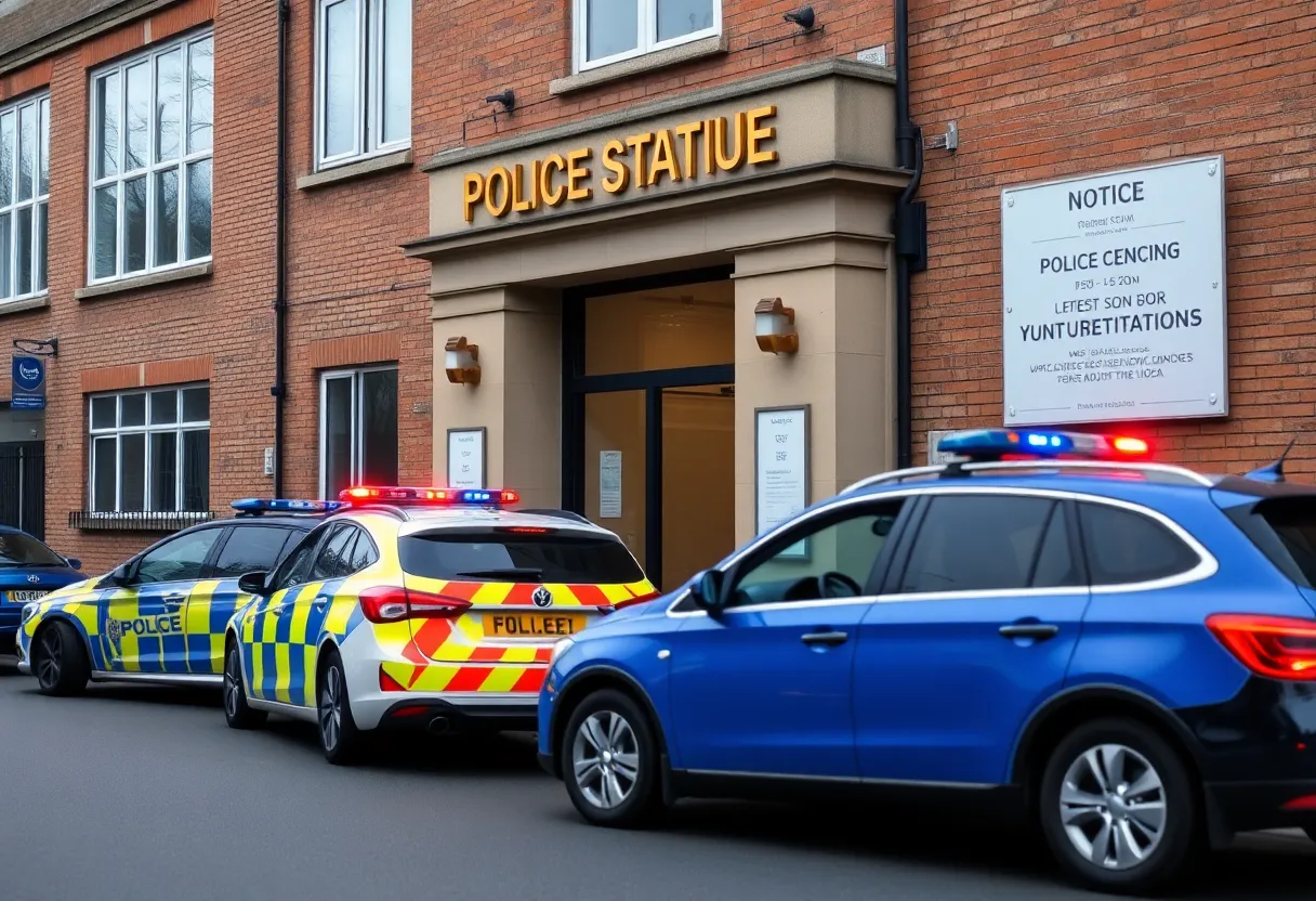 Exterior view of a police station with vehicles
