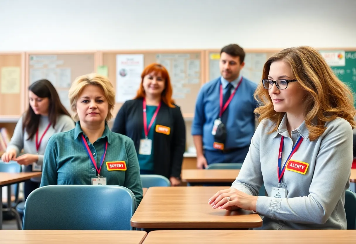 Teachers using the Raptor Alert System badges in a classroom