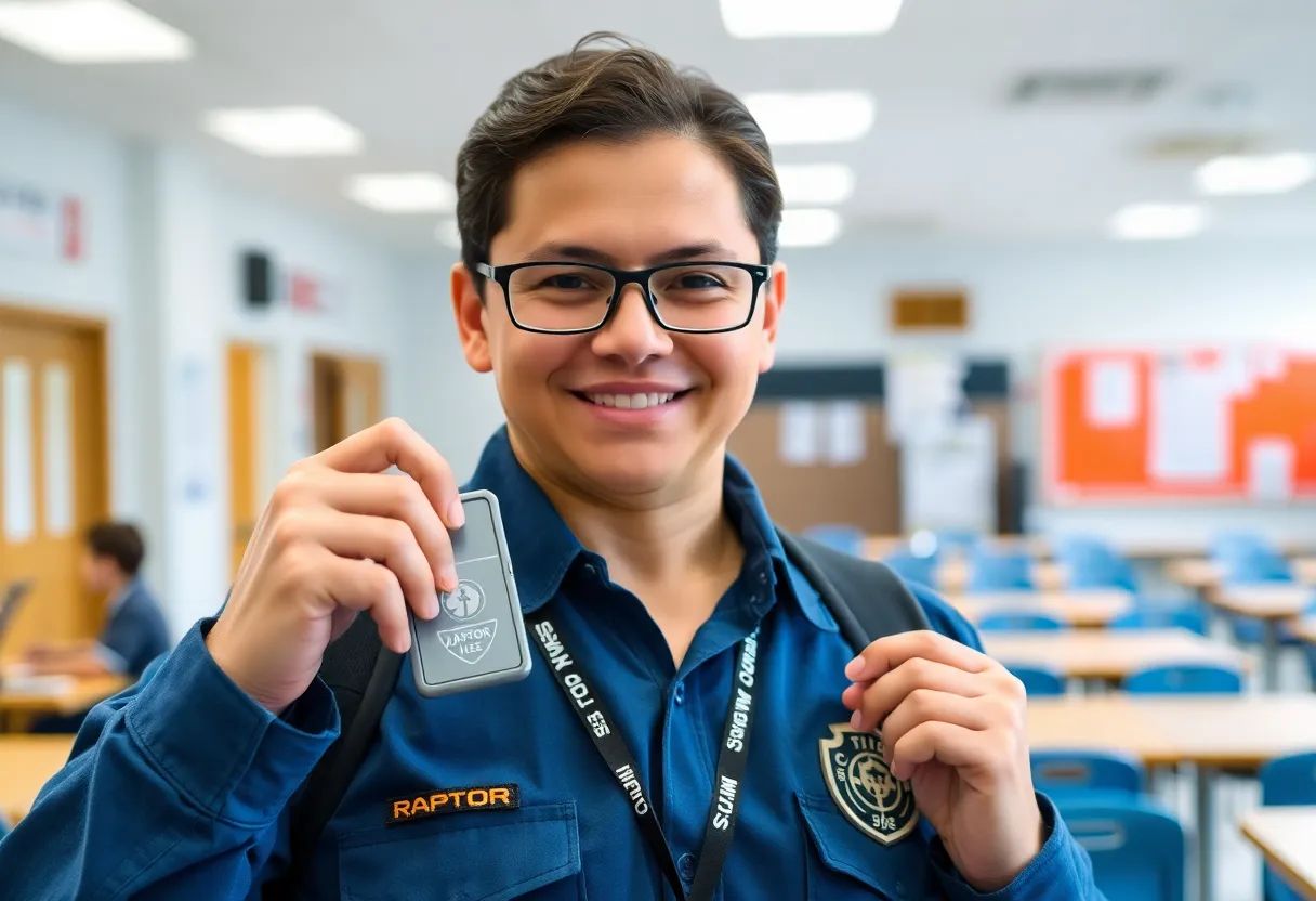 Raptor badge alert system displayed by a school staff member