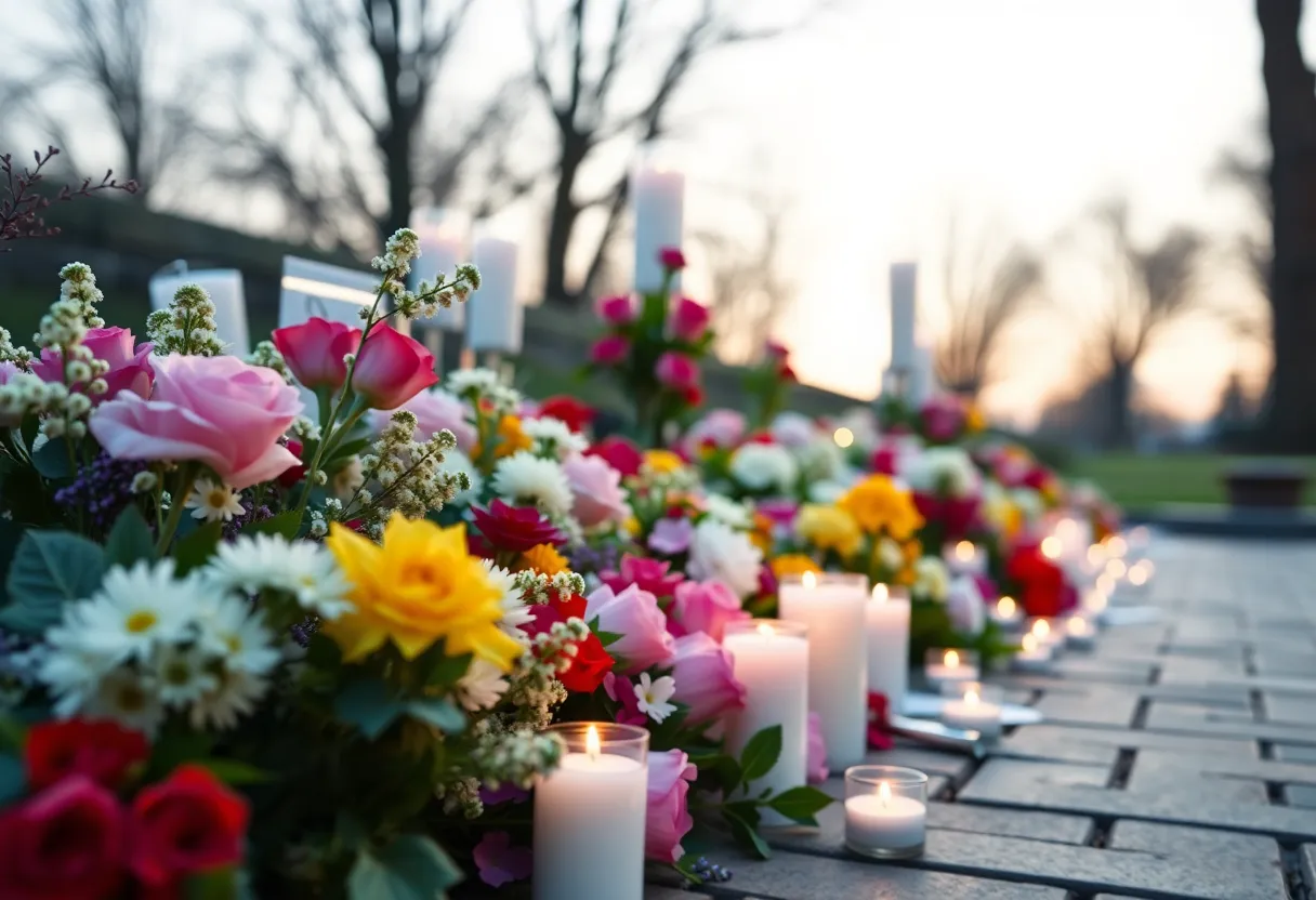 Memorial scene with flowers and candles for Ray Lathan