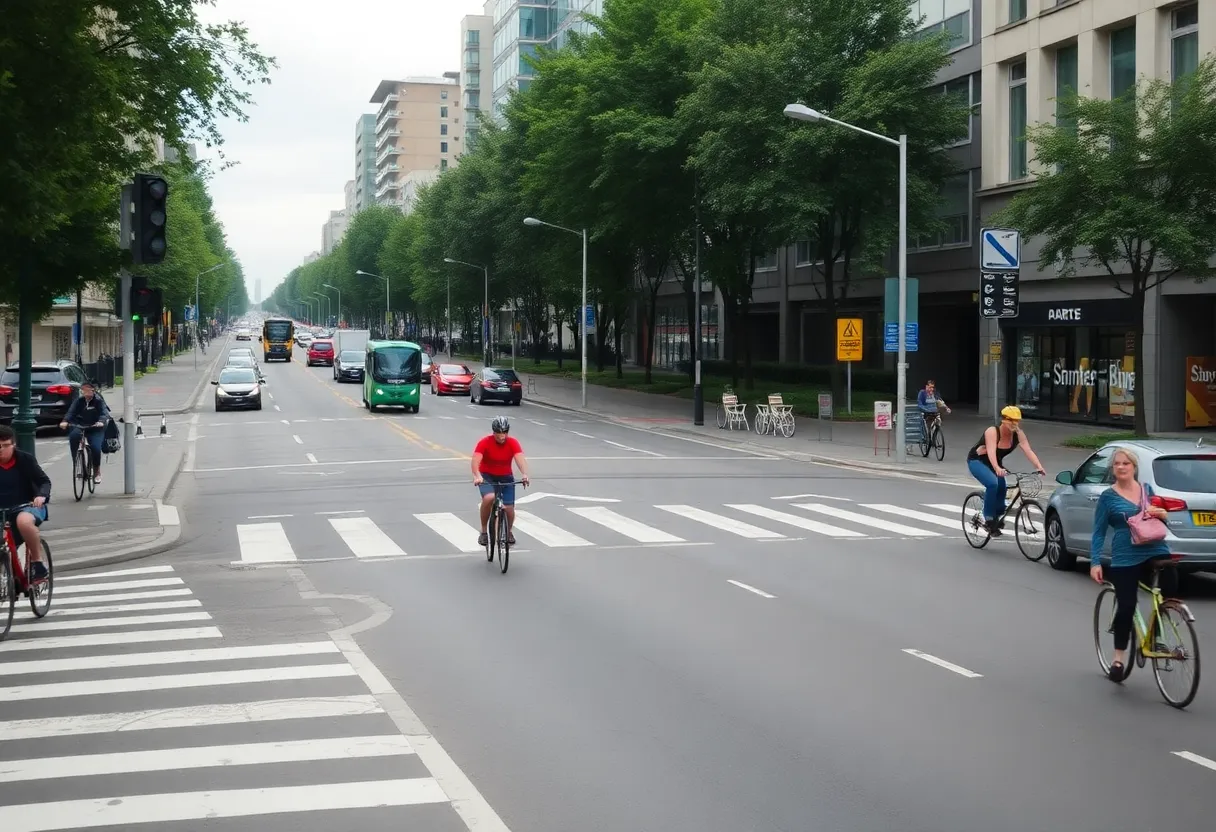 A busy intersection illustrating pedestrian and cyclist safety concerns.