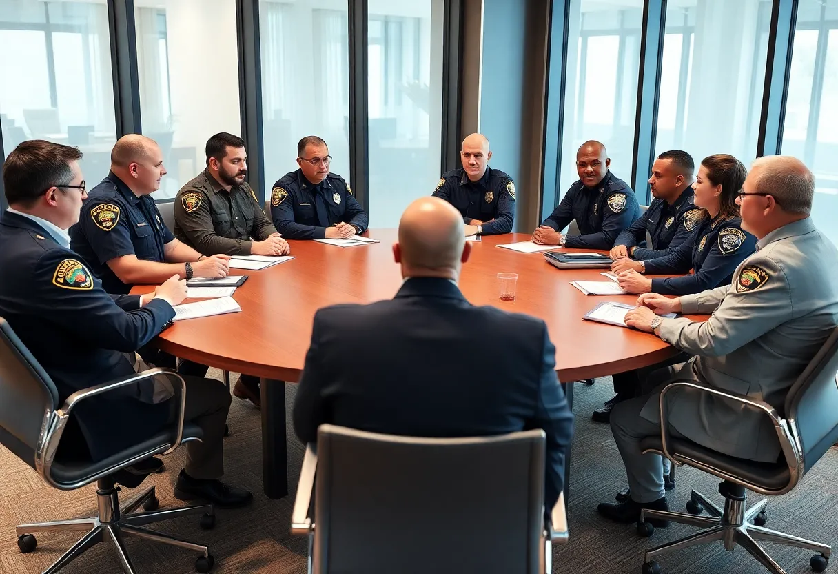 Law enforcement officers discussing immigration enforcement initiatives.