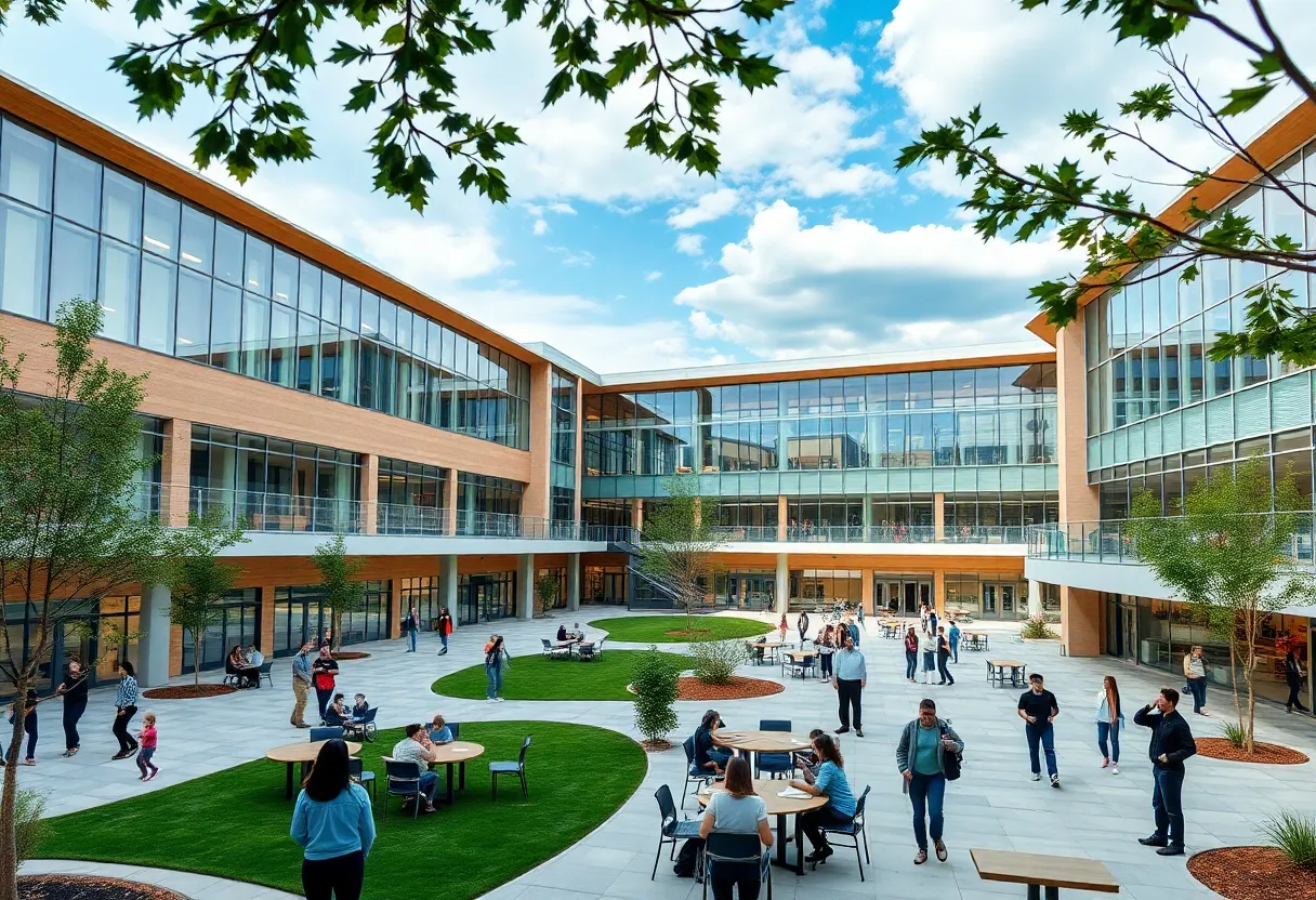 Exterior view of Saint Joseph’s Catholic School with students engaging in activities