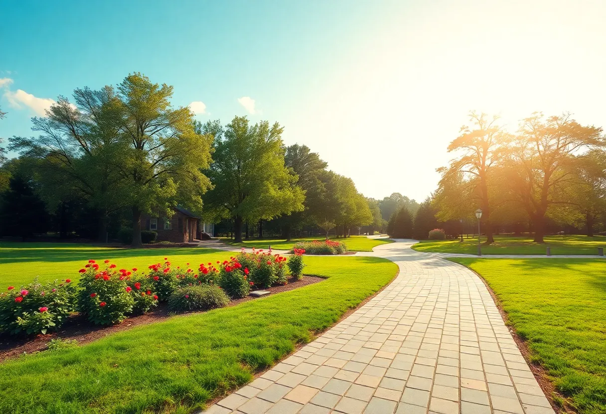 A peaceful park setting representing community and legacy